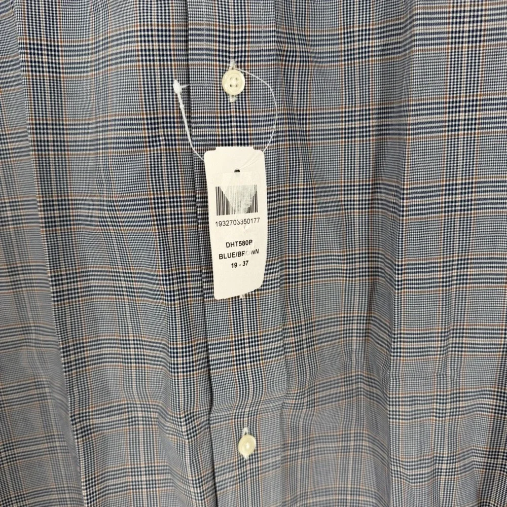 Paul Fredrick Mens Classic Fit Glen Plaid Dress Shirt Blue Brown 19 x 37 DHT580P